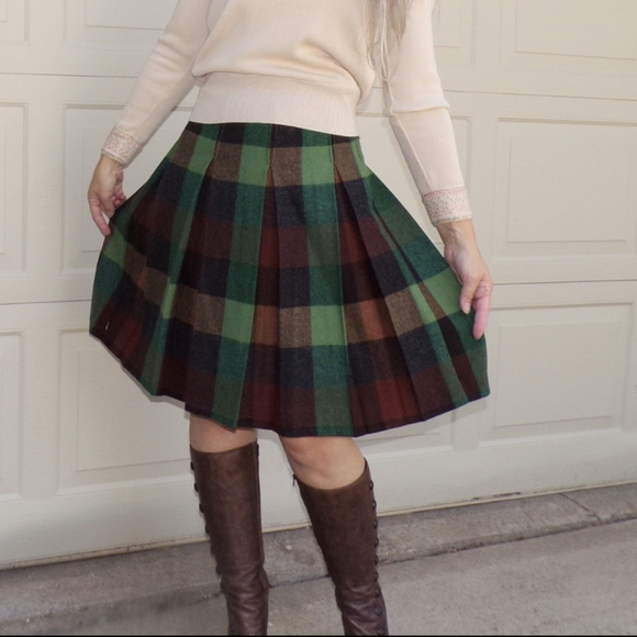 PLAID VINTAGE SKIRT green brown wool xs - Picture 3 of 10
